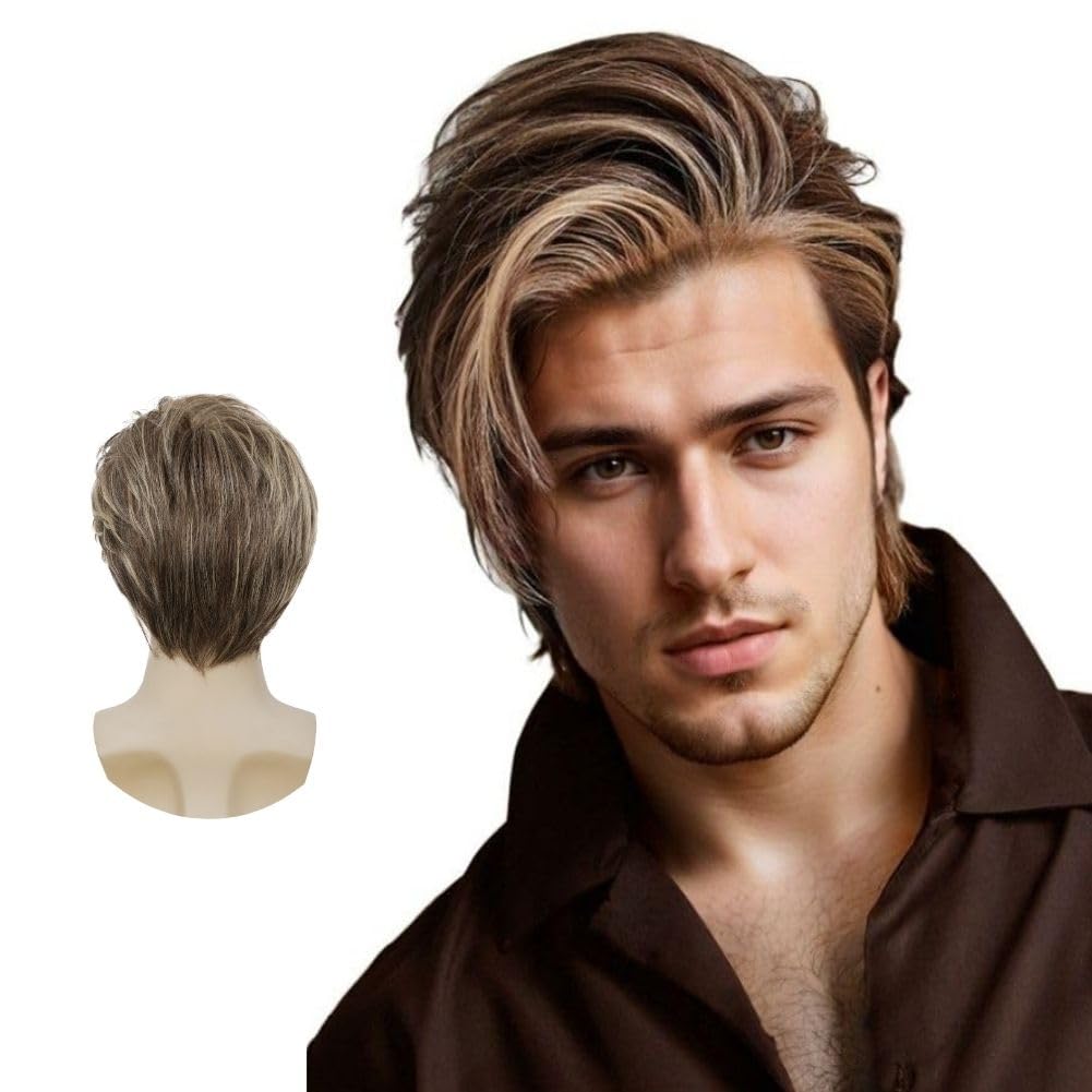 Siudus Mens Brown Mix Blonde Short Wigs Layered Realistic Side Part Hair Wig Natural Synthetic Fiber Guy Male Wig for Daily Use