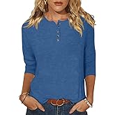 EADINVE Womens Crew Neck 3/4 Sleeve Tops Basic Button T-Shirts Solid Loose Cute Tunic Tee Blouses Fit Pullover