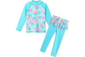 TFJH E Girls Long Sleeve Swimsuits Skirt 2-Pieces Rash Guard Set Sun Protection UV 50+