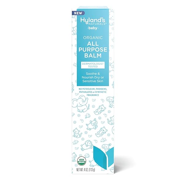 HYLAND’S BABY ORGANIC ALL PURPOSE BALM, SOOTHE AND NOURISH DRY/SENSITIVE SKIN, MOISTURIZER WITH ORGANIC ALMOND AND COCONUT OIL, SHEA BUTTER, AND CALENDULA, SAFE AND GENTLE, DERMATOLOGIST TESTED, 4 OZ