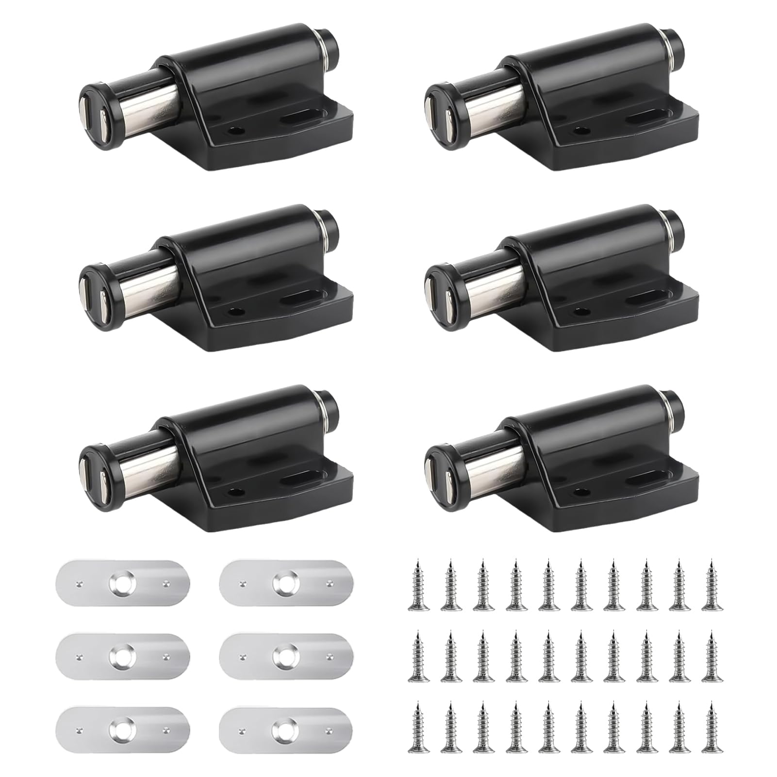6 Packs Push to Open Door Catches, Magnetic Pressure Touch Release Catches Latch Including Fixing Screws, Heavy Duty Latches for Cabinet Doors, Ideal for Kitchen, Bathroom (Black)