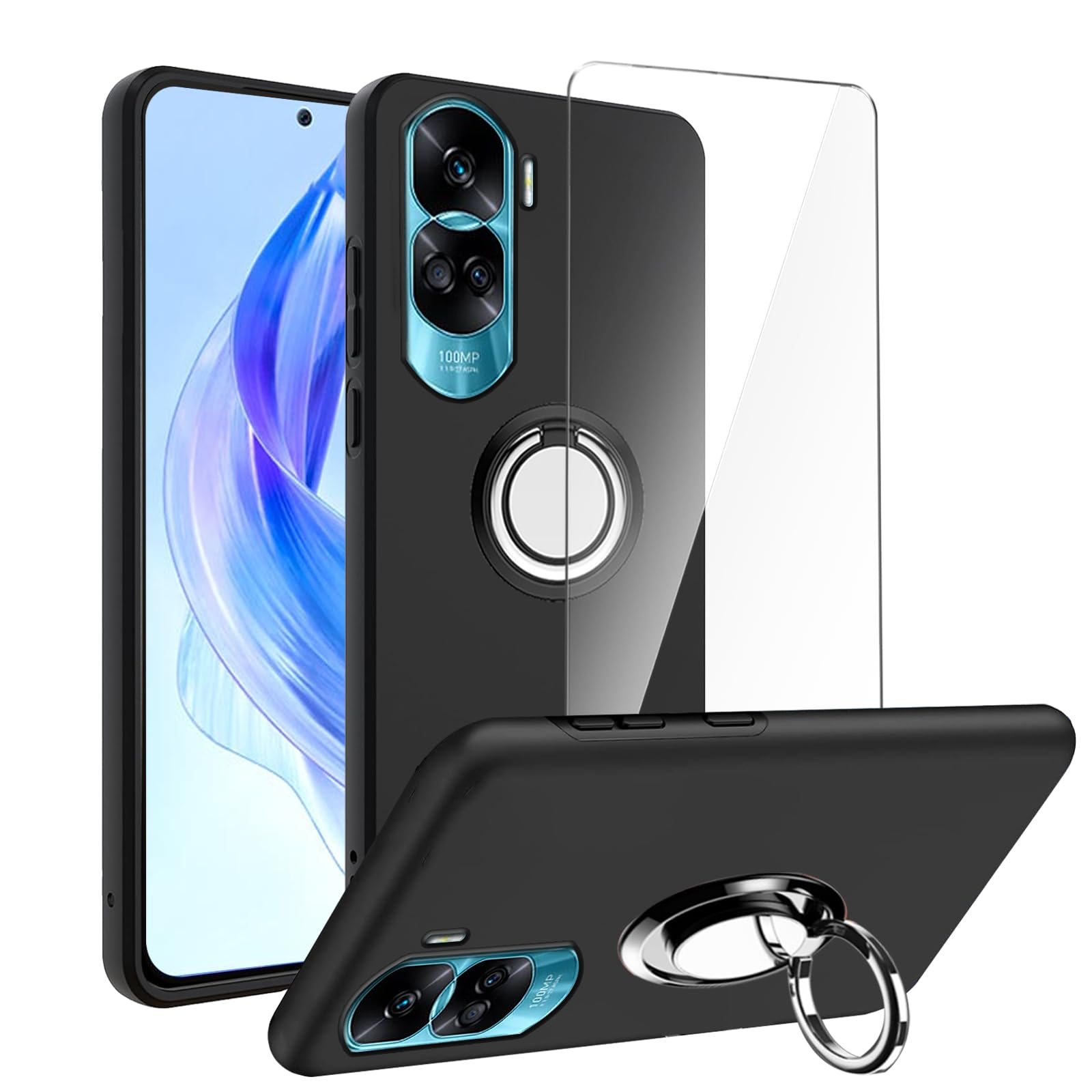 LYZXMY Case for Honor 90 Lite 5G Case with 1 pieces tempered Glass Screen Protector and 360° Rotating Ring Stand Phone Case for Honor 90 Lite 5G - Black