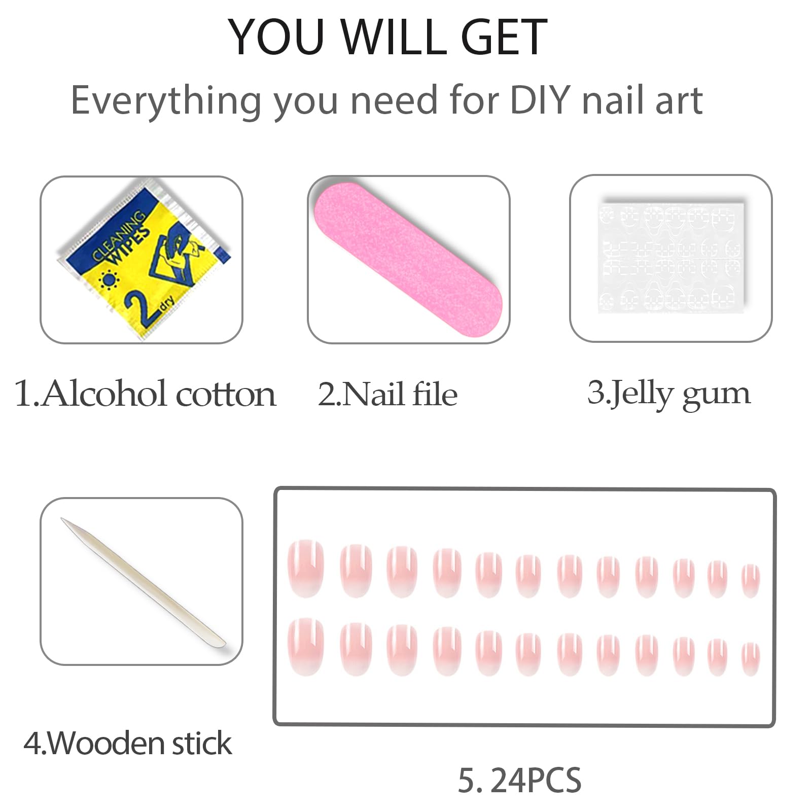 Almond Press on Nails,Acrylic Nails Press on, Almond Shape Press On Nails Short Fake Nails Glossy False Nails with Pink White Ombre Press ons Designs Artificial Nails Stick on Nails for Women 24Pcs - Image 6