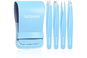 FACEMADE 4 Pack Tweezers Set - Professional Stainless Steel Tweezers for Men and Women, Precision Eyebrow Tweezers for Facial Hair, Chin, and Ingrown Hair Removal (Blue)