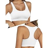 Sports Bras for Women with Support, Double Lined Padded Push Up Compression Bralettes with Built Workout Bras, Pull Over Yoga Gym Athletic Molded Cup White L