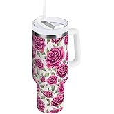 ARGTILDN 40 oz Tumbler Watercolor Flowers Rose Insulated Travel Mug with Handle and Straw Lid Stainless Steel Vacuum Coffee Cup Tea Beverage Container Water Bottles for Car Sports office