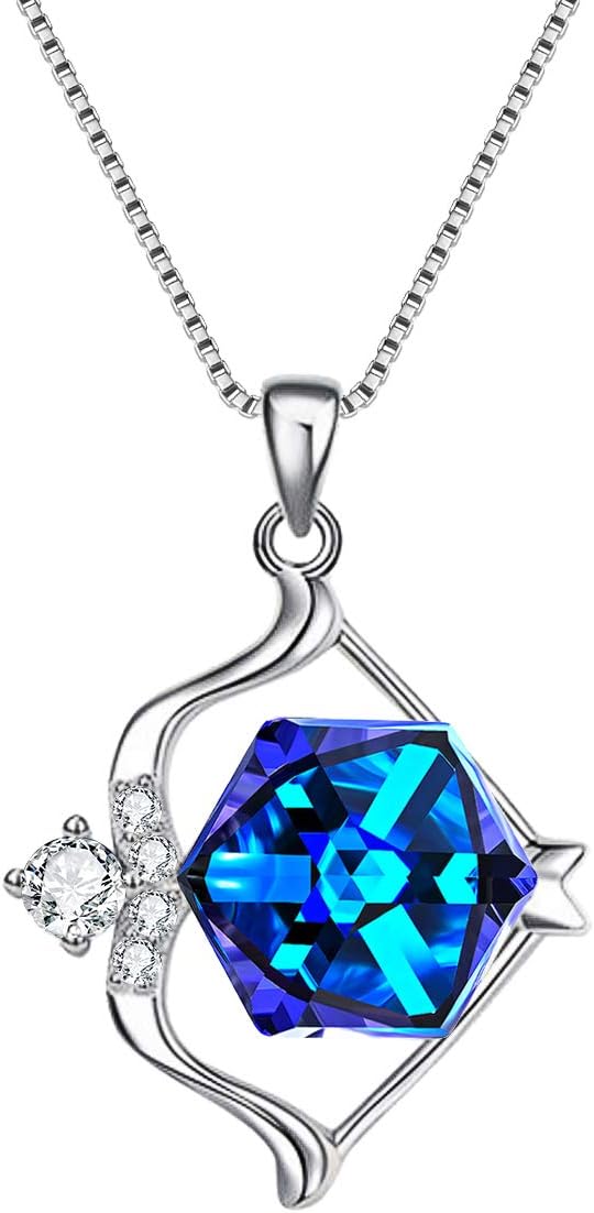 EleQueen925 Sterling Silver Square Zodiac 12 Constellation Sign Pendant Necklace Blue Made with Austrian Crystals, Valentine's Day/Mother's Day/Christmas Jewelry Gift for Wife/Mom