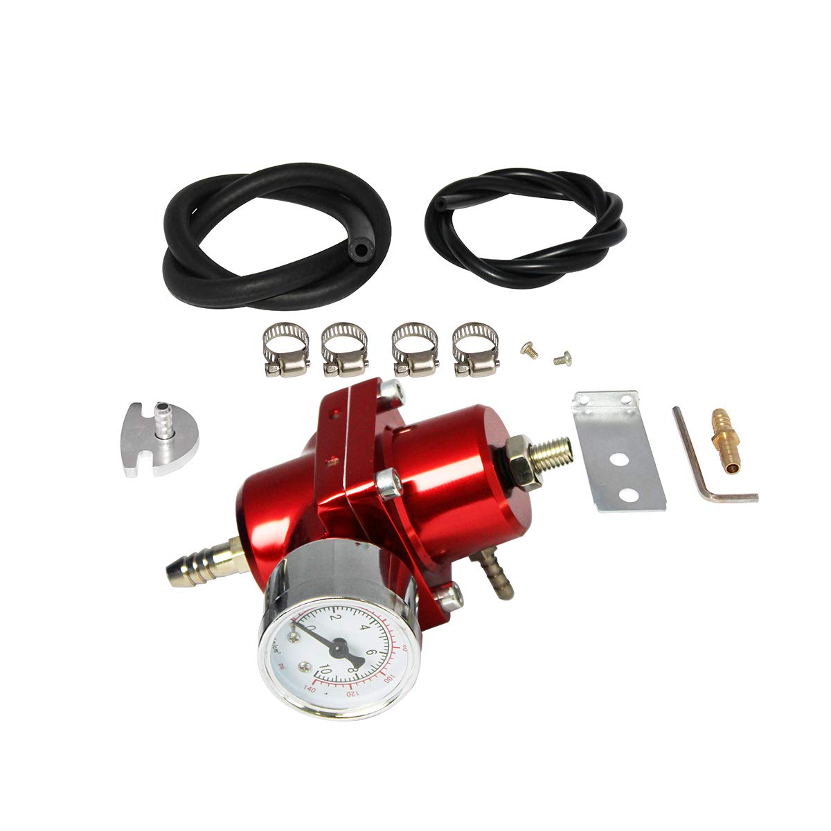 Photo 1 of Universal Adjustable Fuel Pressure Regulator Kit with 0-140 PSI Gauge Aluminum Gas Oil Injection Pressure Regulator Red FPR