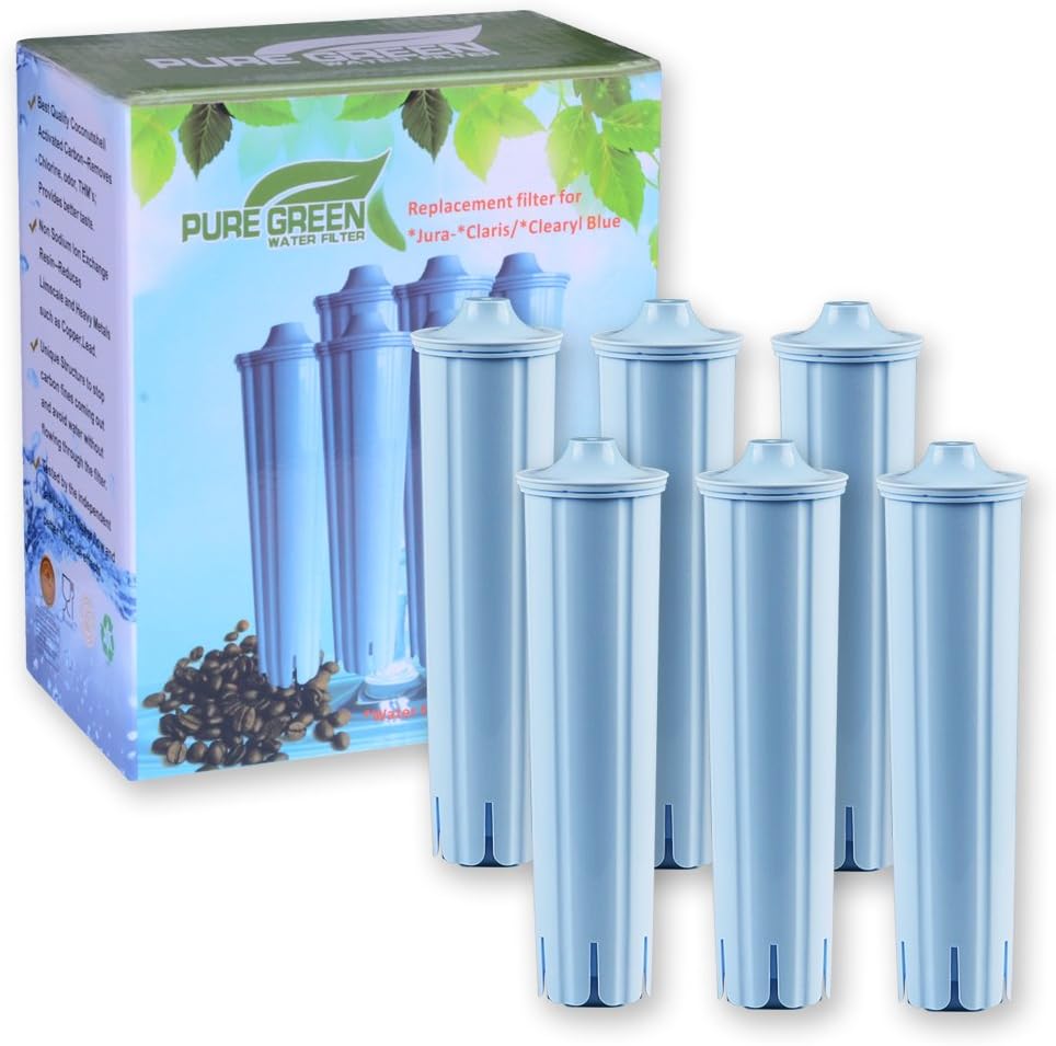 PureGreen Compatible Jura Blue Clearyl Coconut Shell Activated Water Filter Cartridges for Capresso 71445 Automatic Coffee Maker & Espresso Center Machines - Unbleached 6 Pack - for Home & Kitchen Use