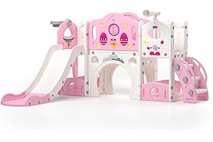 NYEEKOY 9 in 1 Toddler Slide and Climber Playset Freestanding Backyard Playground for Children Age 1-4, Indoor Outdoor Kids Slide with Basketball Hoop,Telescope, Ring-toss and Storage Space