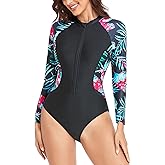 SHAPERIN Women's Long Sleeve Rash Guard UV UPF 50+ Sun Protection Zipper Printed Surfing One Piece Swimsuits Bathing Suit