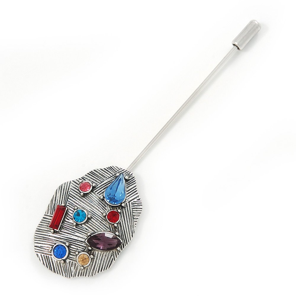 Vintage Inspired Multicoloured Crystal Lapel, Hat, Suit, Tuxedo, Collar, Scarf, Coat Stick Brooch Pin In Silver Tone Metal - 95mm L