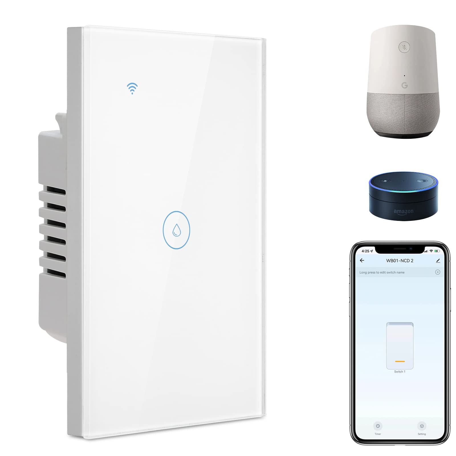 Photo 1 of BSEED Smart Water Heater Switch,Work with Amazon Alexa,Google Assistant,WiFi Touch Switch with Smart Life APP Control and Timing Function,20A White Water Heater Switch Suitable for Bedroom,Bathroom