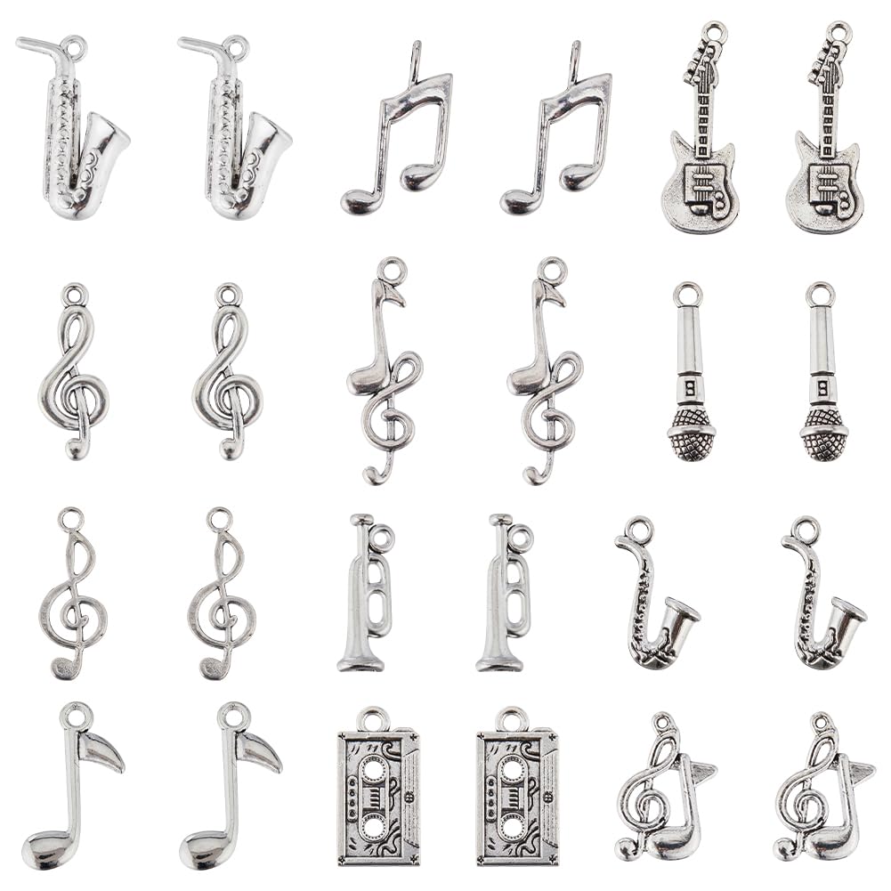 SUNNYCLUE 1 Box 72Pcs 12 Styles Silver Music Note Charms Musical Instrument Charm Tibetan Vintage Mini Microphone Recorder Symbol Charm for Jewellery Making Charms DIY Necklace Bracelet Earrings