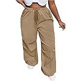 OYOANGLE Women's Plus Size High Waist Drawstring Trousers Wide Leg Casual Cargo Pants with Pocket