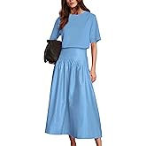 Bozanly Summer Two Piece Outfits Skirts Set for Women Crewneck Short Sleeve Tee and Midi Skirt Sets Dresses