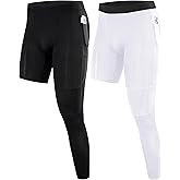 Roadbox Men's Basketball One Leg Tights, 1/2 Single Leg Compression Pants Sports Base Layer Leggings Underwear with Pockets