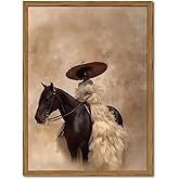 Framed Western Cowgirl Wall Art, Fashion Black Girl Riding Horse Canvas Wall Decor Painting, Black Woman African American Bride Pictures Prints Aesthetic Home Decor for Living Room Bedroom 12x16 inch