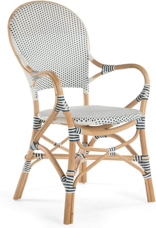 Kouboo Rattan Bistro Dining Armchair, White and Blue, Set of 2 Chairs