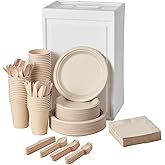 FULING 350Pcs Biodegradable Dinnerware Set - Disposable Dinner Plates, Wooden Cutlery, Napkins - Plant-Based Material, Microwave & Freezer Safe