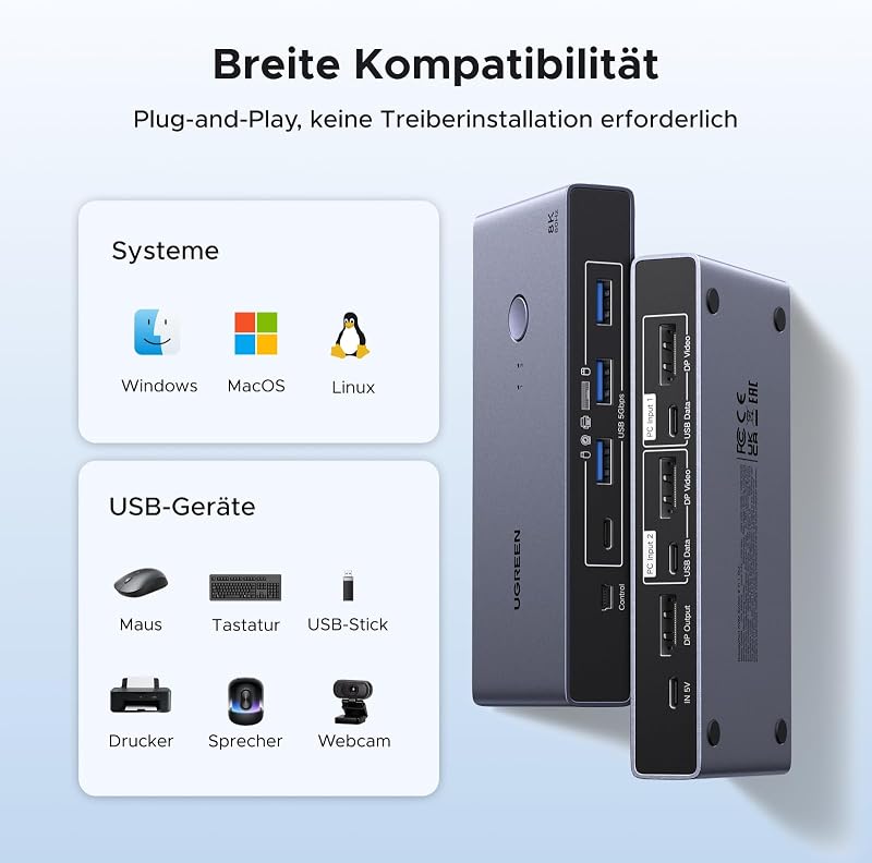 DP 1.4 KVM Switch 8K@60Hz 2 PC 1 Monitor mit 4 USB 3.0 Ports