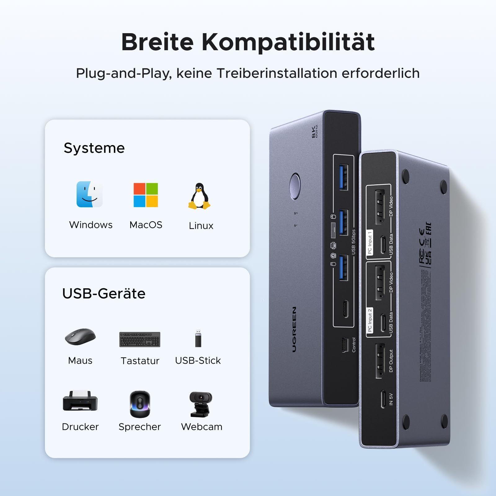 UGREEN DP 1.4 KVM Switch 8K@60Hz 2 PC 1 Monitor mit 4 USB 3.0 Ports 8