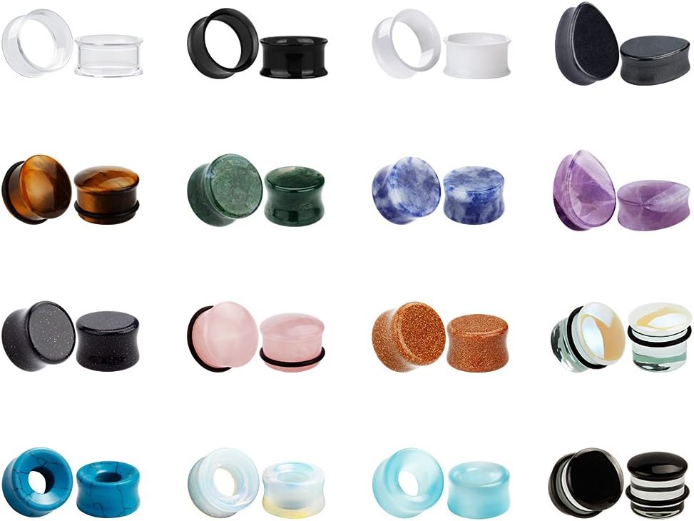 KUBOOZ 32pcs Set Mixed Stone Acrylic Glass Ear Plugs Tunnels Gauges Stretcher Piercings