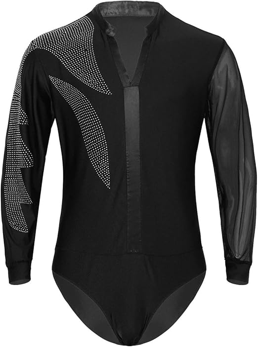 CHICTRY Mens One Piece Long Mesh Sleeve Bodysuit V Neck Blouse Top