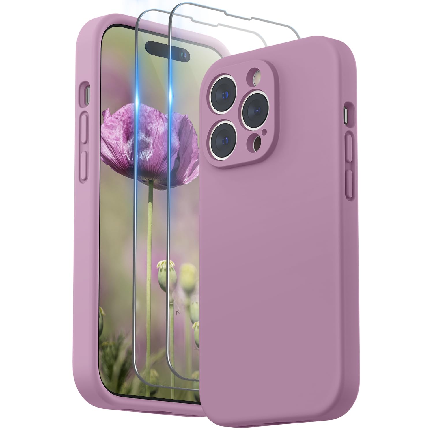 SURPHY Designed for iPhone 14 Pro Max Case with Screen Protector, (with Camera Protection & Soft Microfiber Lining) Liquid Silicone Phone Case, Lilac Purple