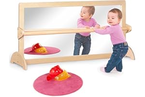 KRANDCRAFT 3-Position Montessori Wood Frame Non-Shatter Safety Pull Up Bar Baby Big Mirror Set, Infant Coordination Mirror, K