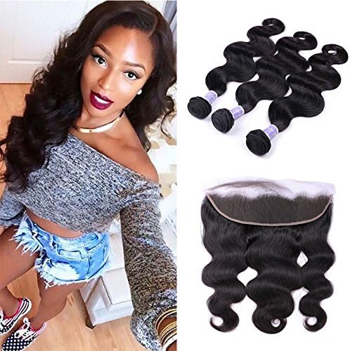 LSY 13x4 Ear To Ear Lace Frontal Closure With Bundles Brazilian Body Wave Virgin Human Hair Extensions With Full Lace Frontal Closure (14 16 18 + 12, Free Part)