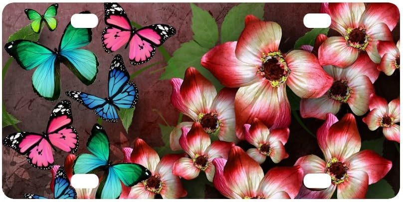 12 X 6 inches Durable License Plate Frame Metal Personalized Car Tag, Beautiful Butterfly and Flowers (4 Holes)