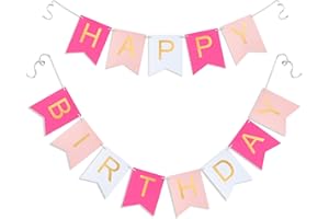 HIRBISNIS Pink Happy Birthday Banner -Roseo Pink White Hanging Backdrop Sign with Gold Letters, Happy Birthday Sign Bunting Decorations for Women men Kids Baby Shower Party Supplies (13pcs)