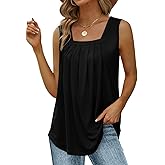 Saloogoe Summer Tank Tops for Women Loose Fit Pleated Square Neck Sleeveless Tops Curved Hem Flowy