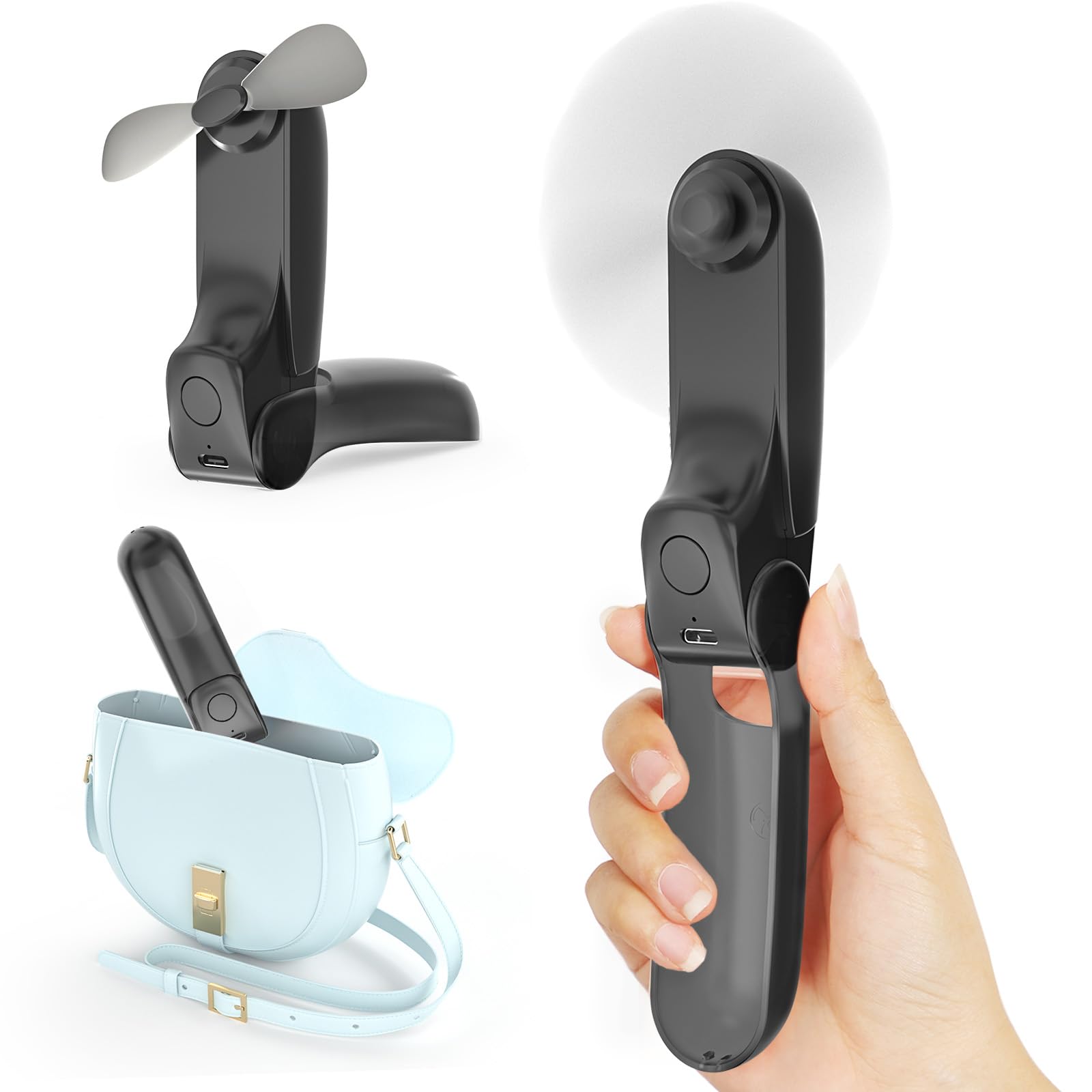 Photo 1 of **FOR PARTS ONLY DOESN'T CHARGE**  Koonie Portable Handheld Fan, Foldable Mini Hand Held Fan for Travel, Small Pocket Fan for Women, Battery Operated Fan with 8 Working Hours for Indoor Outdoor Black