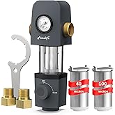 Frizzlife 40 & 100 Micron Spin Down Sediment Water Filter with Pressure Display and Built-in Scraper, Reusable and Flushable Whole House Pre-Filtration System, 1" + 3/4" NPT, BPA Free, JG40-100