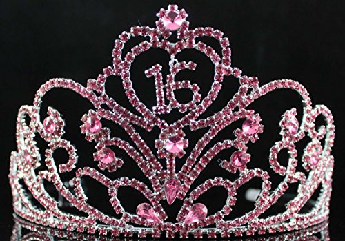 Janefashions Sweet Sixteen 16 Birthday Party Rhinestone Tiara Crown w/ Hair Combs T1863p Pink