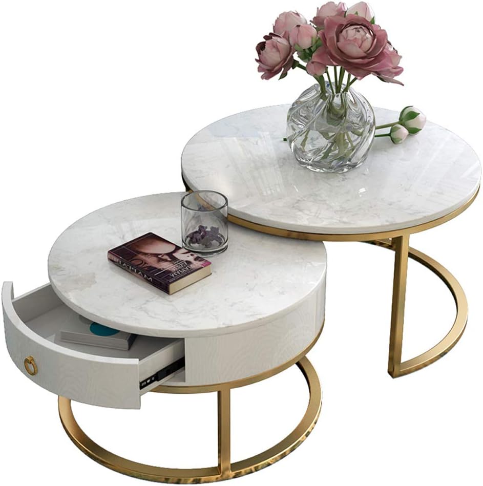 JHBW A Set of Marble Coffee Table, Golden Iron Frame, Modern and Simple Decoration, Suitable for Living Room, Balcony, Coffee Shop, Dessert House (Round) W: 60 45cm (23.6 17.7in)