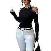 SOLY HUX Women's Cold Shoulder Long Sleeve T Shirts Pearl Slim Fitted Elegant Office Tops