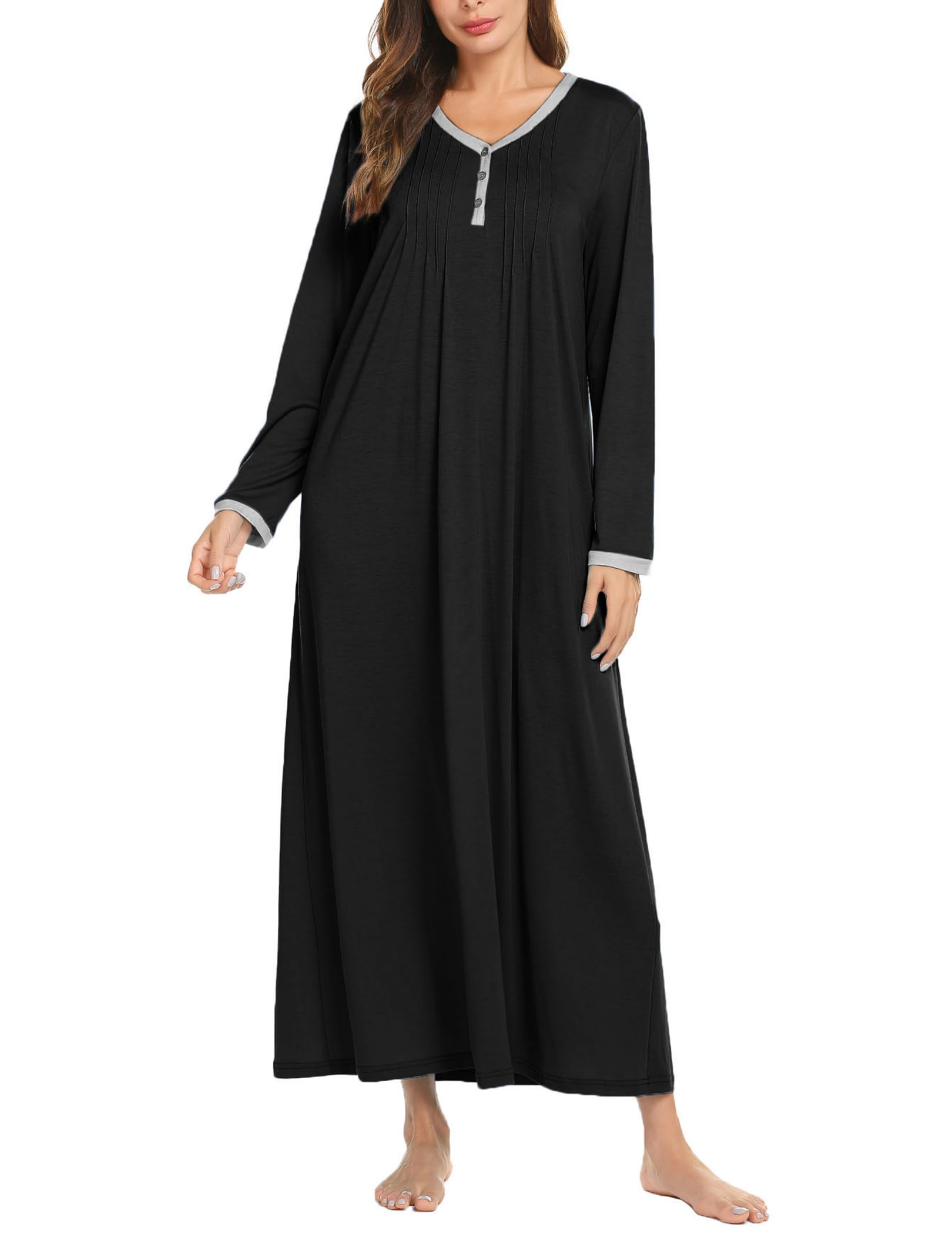 Ekouaer Women's Long Sleeve Nightgown Full Length Sleepwear Long Sleepshirts Henley Sleep Dress S-4XL Image