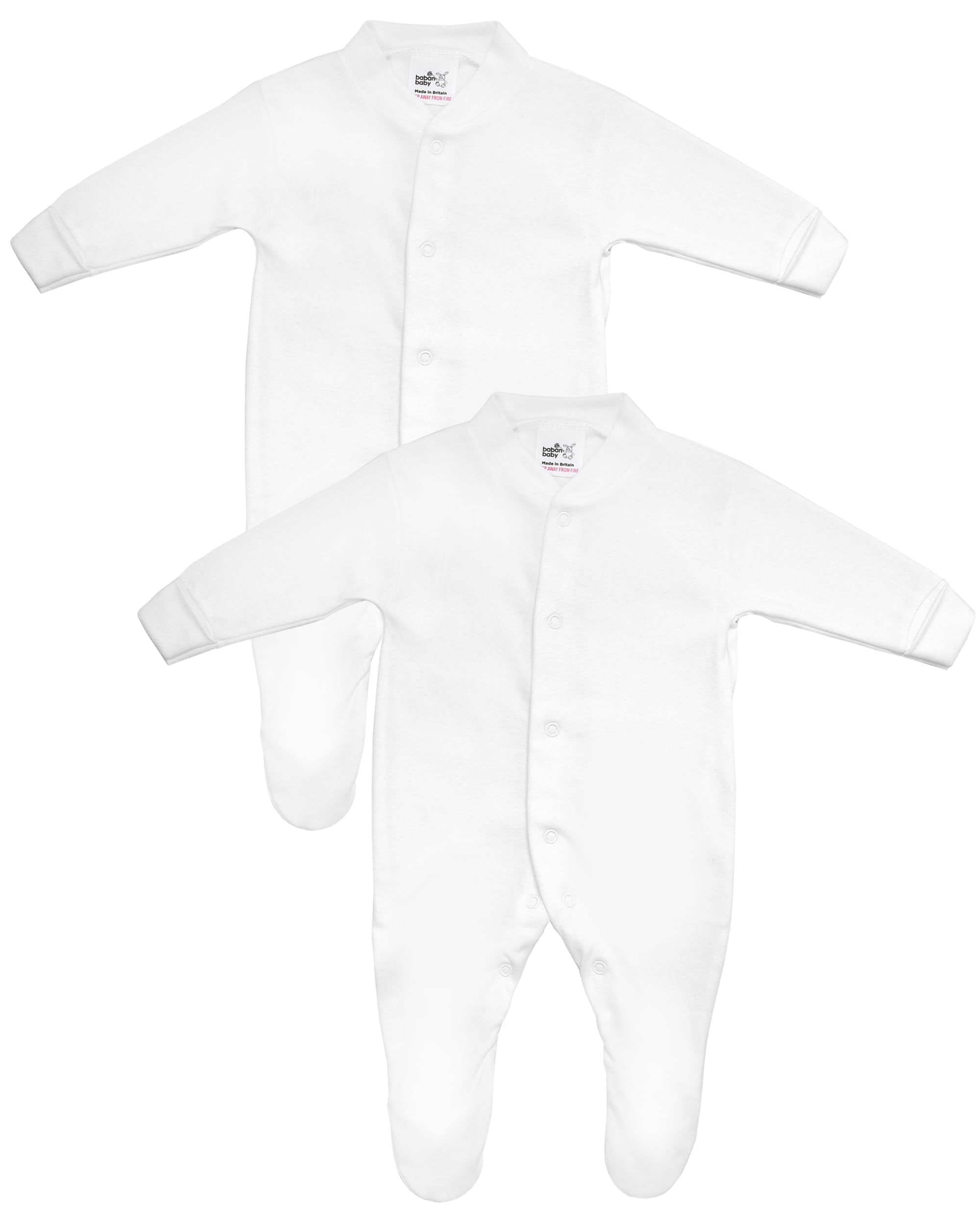 Baban Baby Baby Sleepsuits, 100% Cotton Baby Grows for Boys or Girls, British Made, 2 Pack, White, 0-3 Months