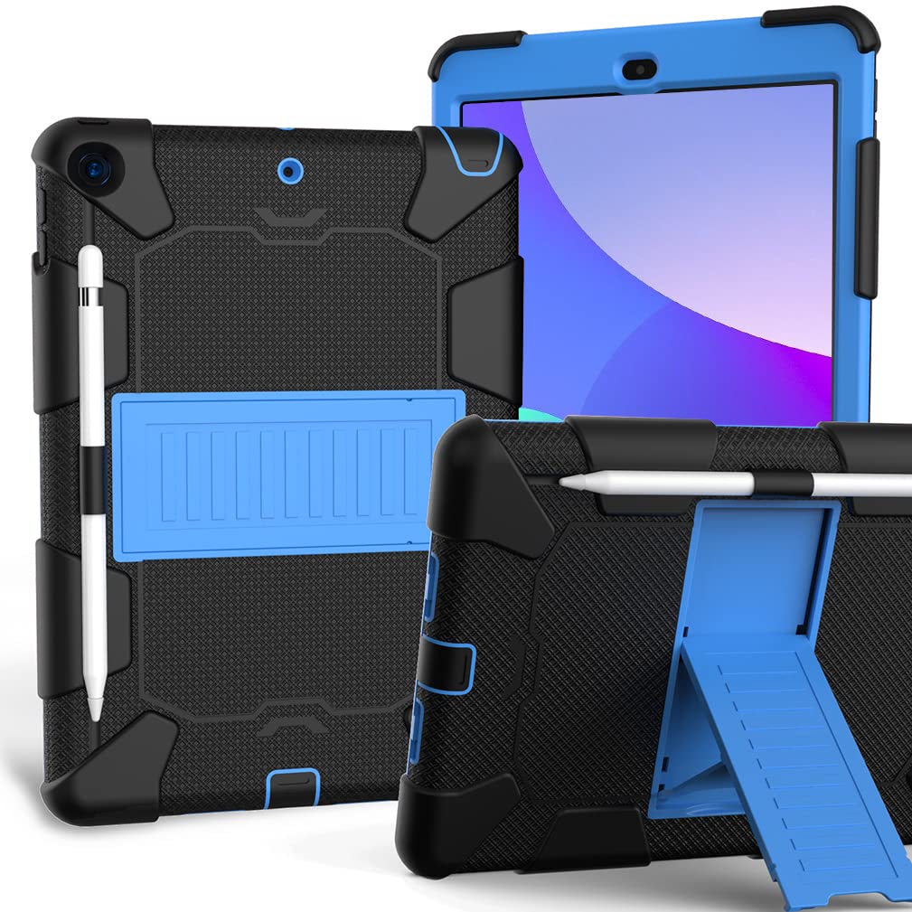 Case for iPad 10.2 Inch 9th/8th/7th gen 2021/2020/2019 with Three-in-one design, shockproof Robust case with pencil holder and stand- Black+Blue