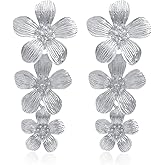 Atifober Flower Dangle Earring Chunky Statement Long Dangle Earrings Large Hibiscus Earrings 3 Layer Floral Earrings Metal Petal Earrings Trendy Flower Drop Earrings Spring Floral Earrings For Women