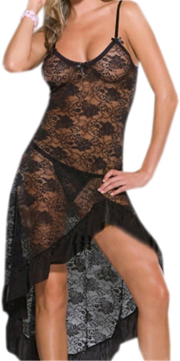 Dudebabe Women Lingerie Plus Size Sx Lace Mesh Babydoll Nightwear Long Gown Thong Black 6XL