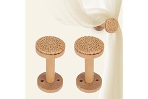 2pcs Boho Curtain Holdbacks, Wooden Rattan Curtain Holders Tiebacks with Accessories Wall Mounted Drapery Hook Drapery Pull B