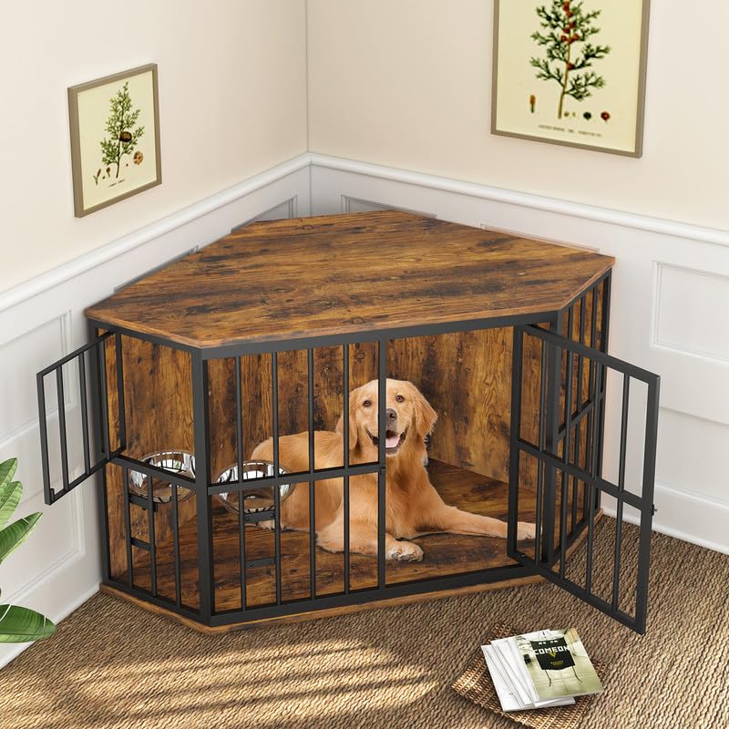 Photo 1 of ROOMTEC 53 inch Furniture Dog Crate Corner, Dog Kennel Corner Wooden End Table with Bowl, Indoor Pet Crates Corner Side Table for Dogs, Wide Top Perfect for Limited Room