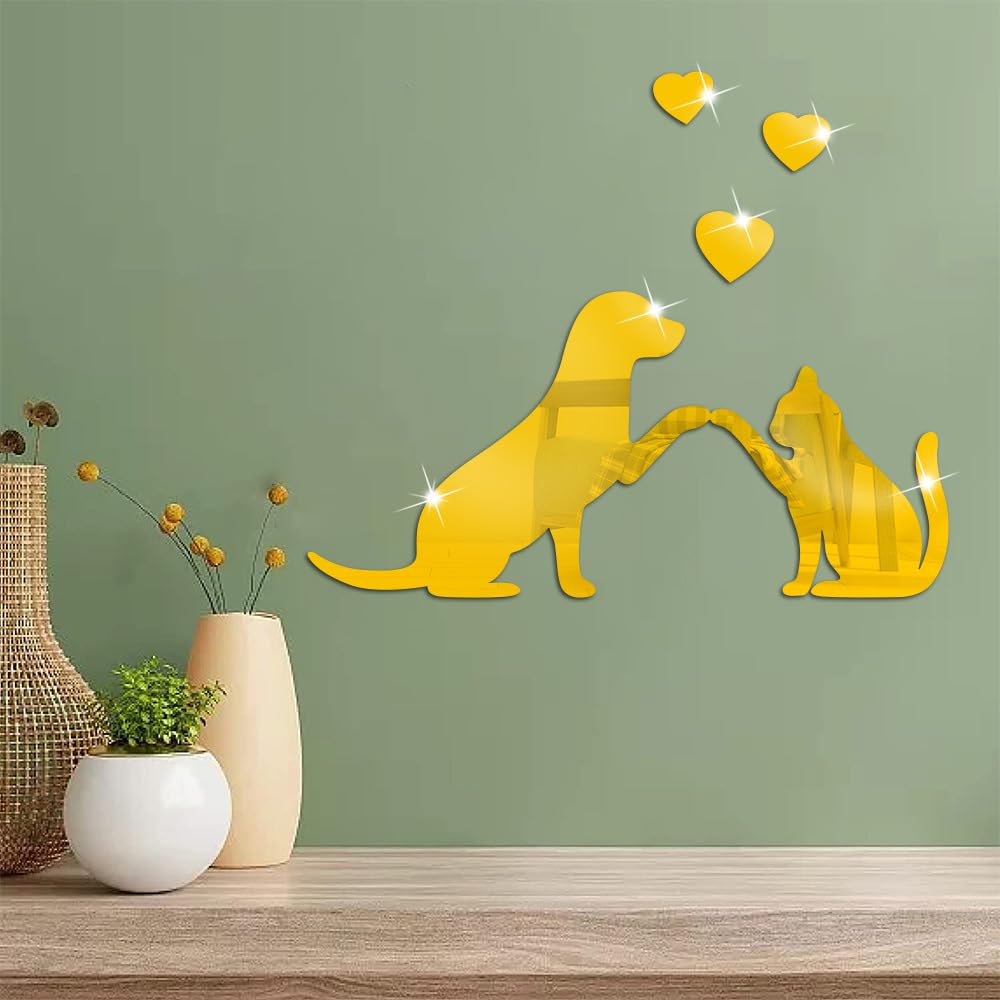 Hosoncovy Acrylic Mirror Wall Stickers Mirror Art DIY Home Decorative Dog and Cat Pet 3D Wall Art Decor for Home Living Room Bedroom Wall Decoration (Gold)