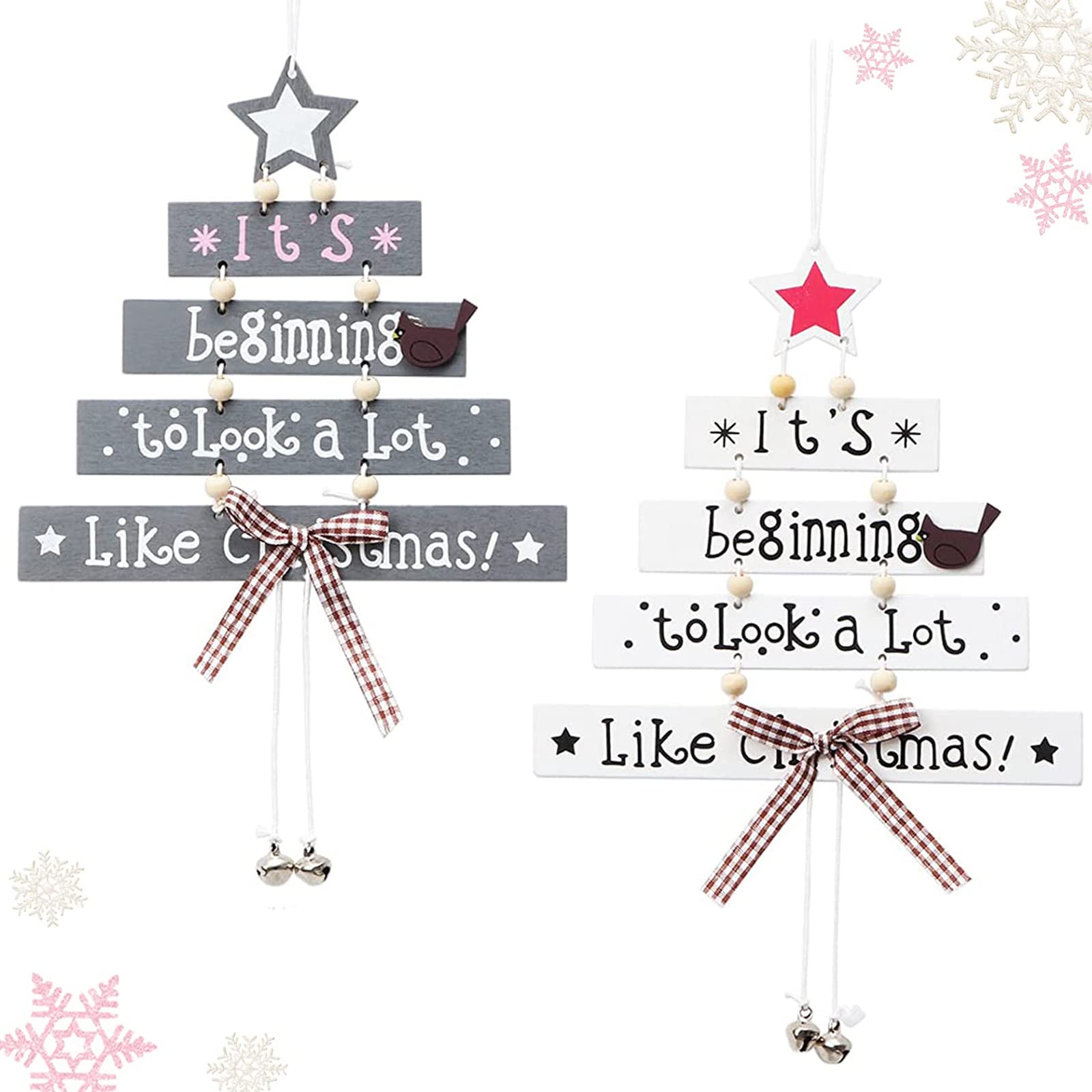 2Pcs Christmas Wood Tree Pendant Creative Wooden Crafts Christmas Decorations Window Door Kitchen Dress up Wooden Card Hanging - White, Grey