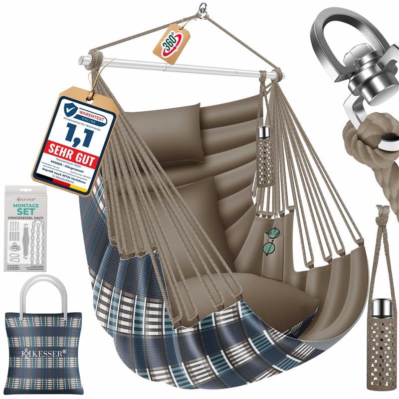 KESSER® Hängesessel Haiti 150kg Traglast, Hängestuhl 360° Drehung, Hängeschaukel Indoor-Outdoor UV-beständig & Wasserfest, Pflegeleicht, Inkl. 2 Kisse