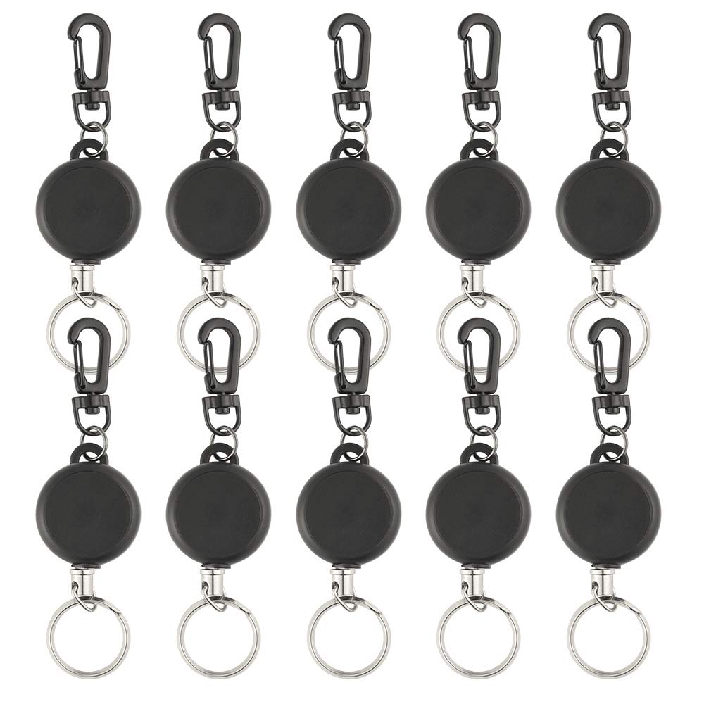 TUPARKA 10 Pcs Heavy Duty Retractable Key Chain Badge Reel Clips with 60cm/ 23.6 Inches Steel Wire Rope,Black